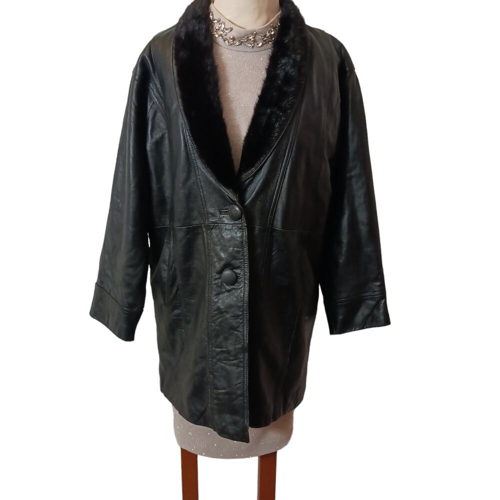Real MINK Fur Collar Leather‎ Coat L Black Long Jacket Glam Elegant City Glamor